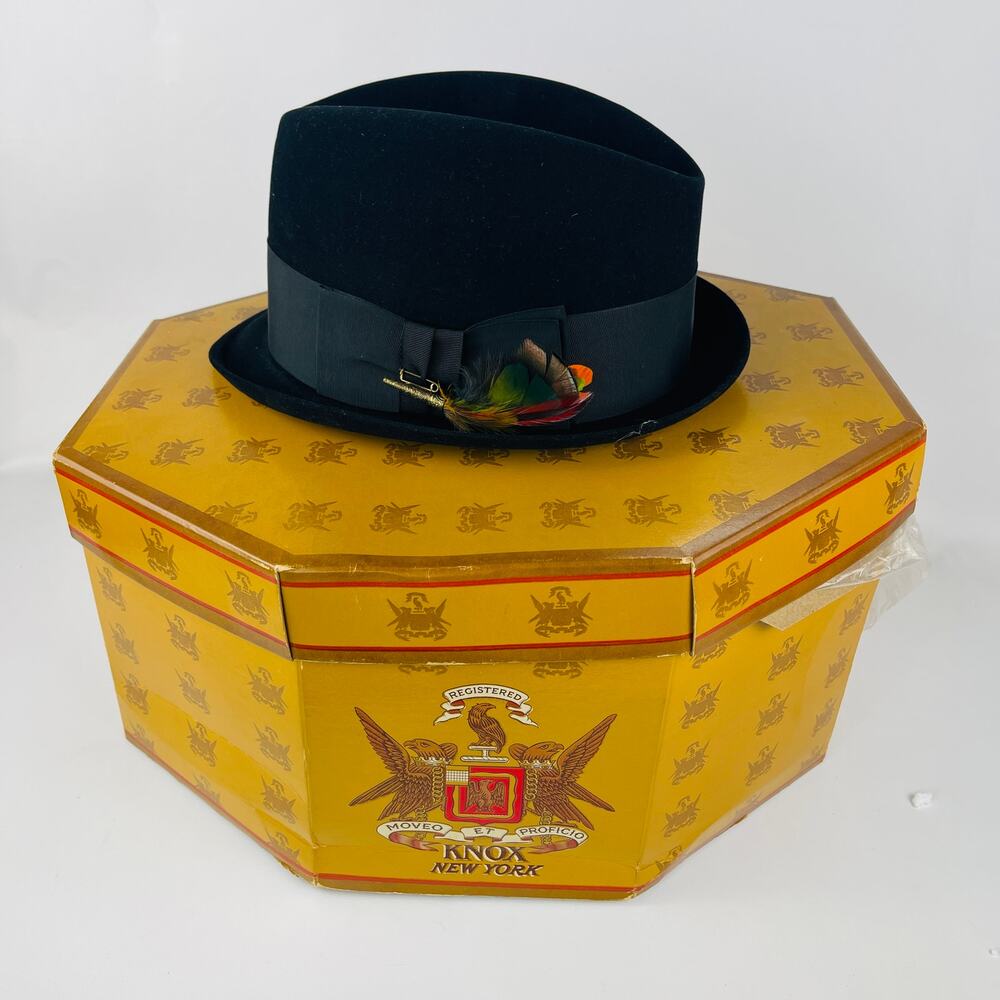 Knox New York Black Fedora Hat Custom Edge Size 7 3/8 with Feathers and Hat Box